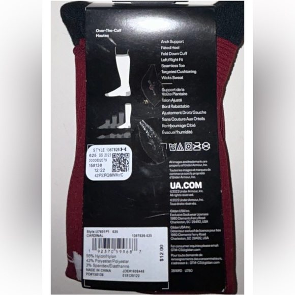 Under Armour UA OTC Soccer Socks 1 Pair Youth 13.5K-4.5 Cardinal Red White Logo - Picture 2 of 10